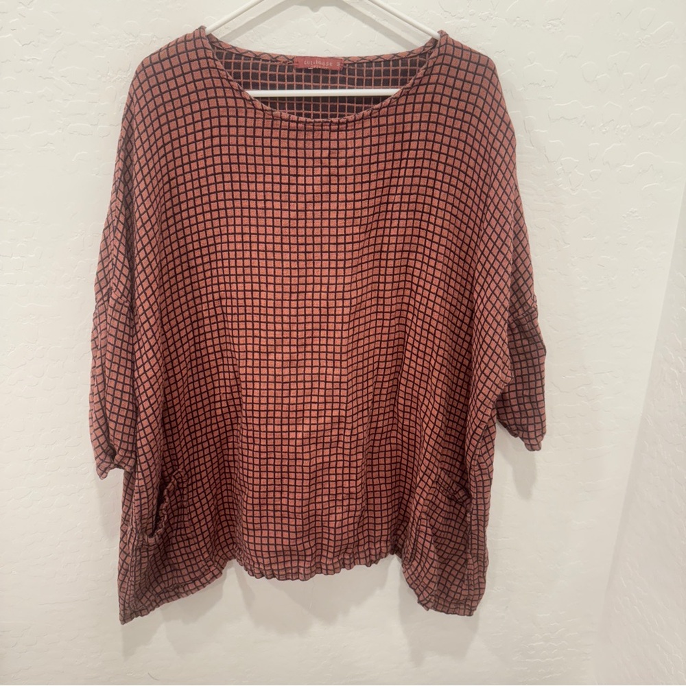 Cut Loose Terracotta and Black Checkered Popover Blouse